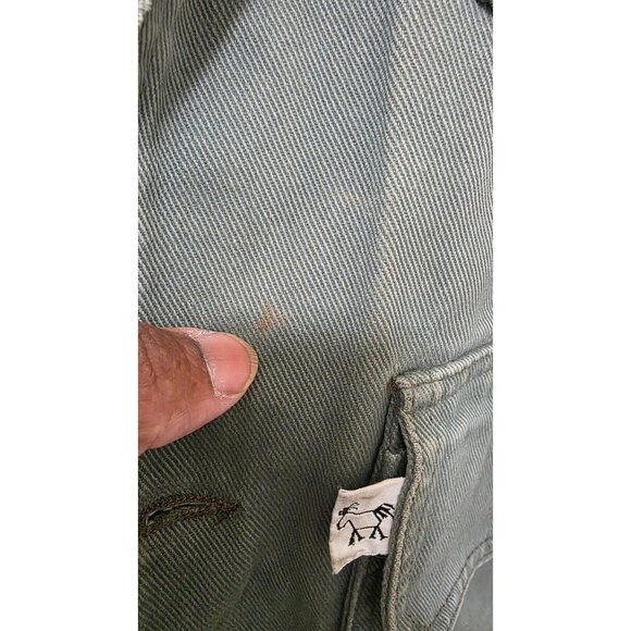 Barn Girl Farm Clothes Green Canvas Jacket Leather Collar Size S Plaid Lining Em - Picture 8 of 8